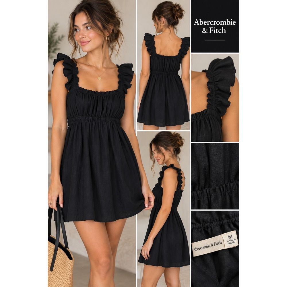 Abercrombie Fitch Black Linen Mini Dress M Ruffle Romantic Cottagecore Boho Y2K